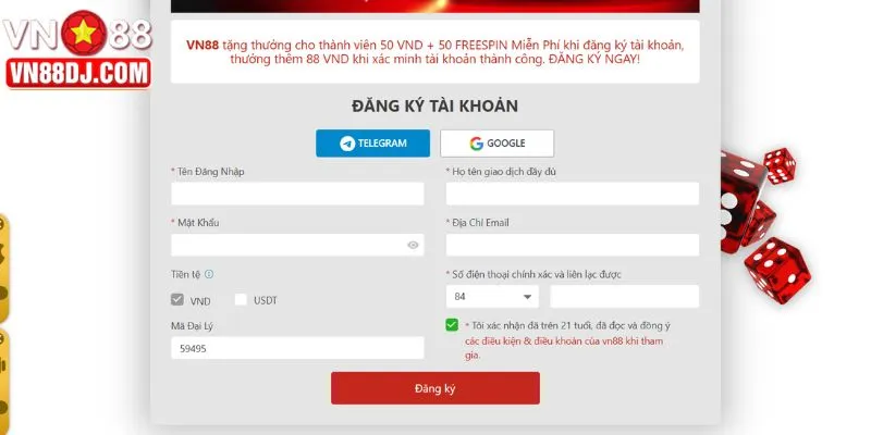 Chỉ cần nhấn vào "Đăng ký VN88" ở góc phải để bắt đầu tạo tài khoản ngay