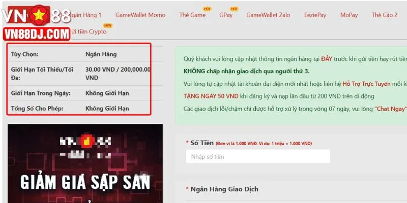 Bổ sung tối thiểu 50000 VNĐ để nhanh chóng tham gia các trò chơi yêu thích